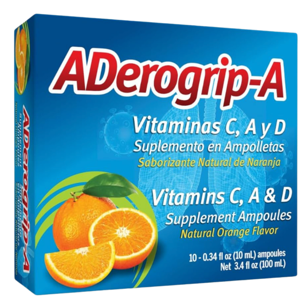 ADerogrip-A Vitamins C, A & D Supplement Ampoules box, 10 ampoules of 10mL each, natural orange flavor